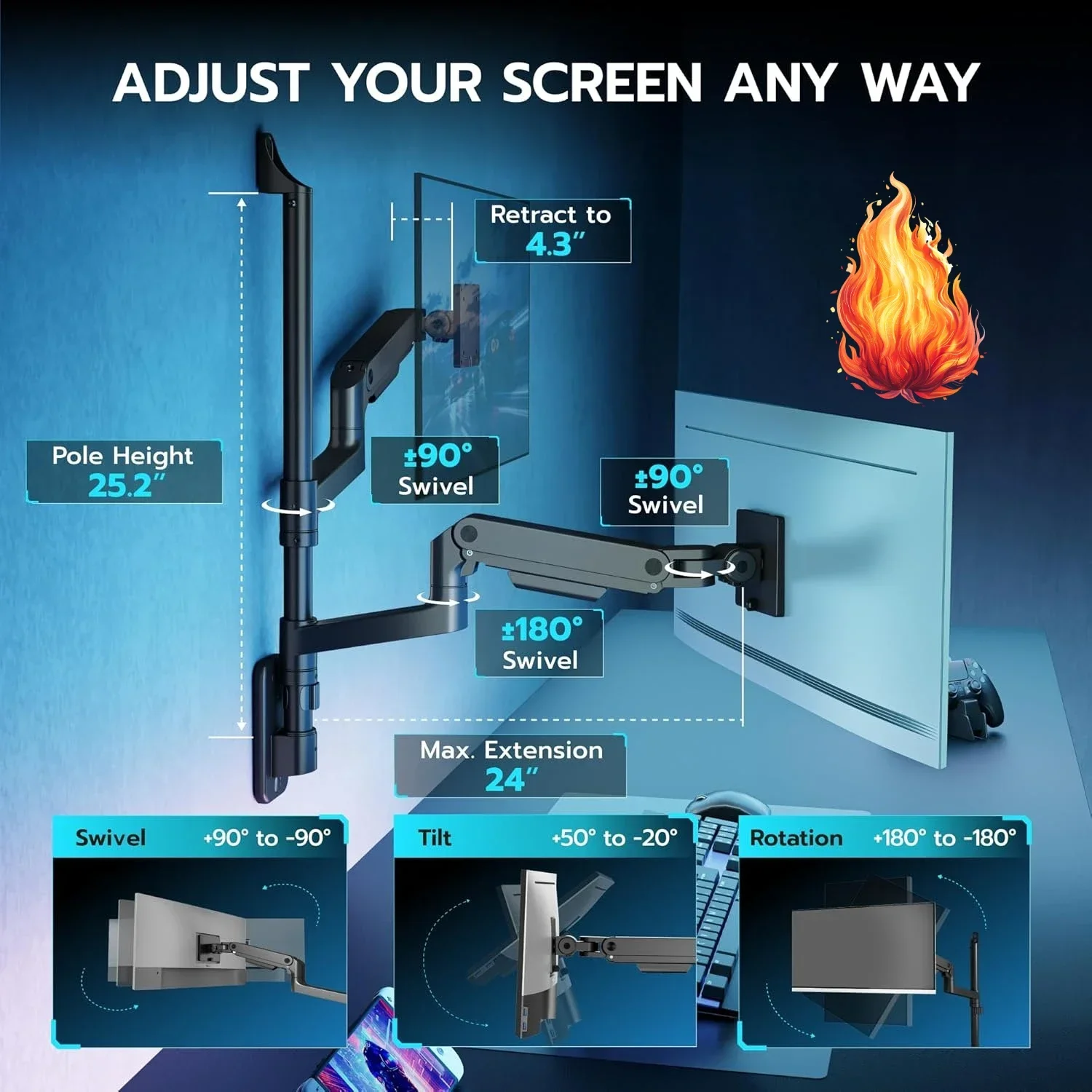 Adjustable Monitor Mount - Dual Monitor Wall Mount for 17-49